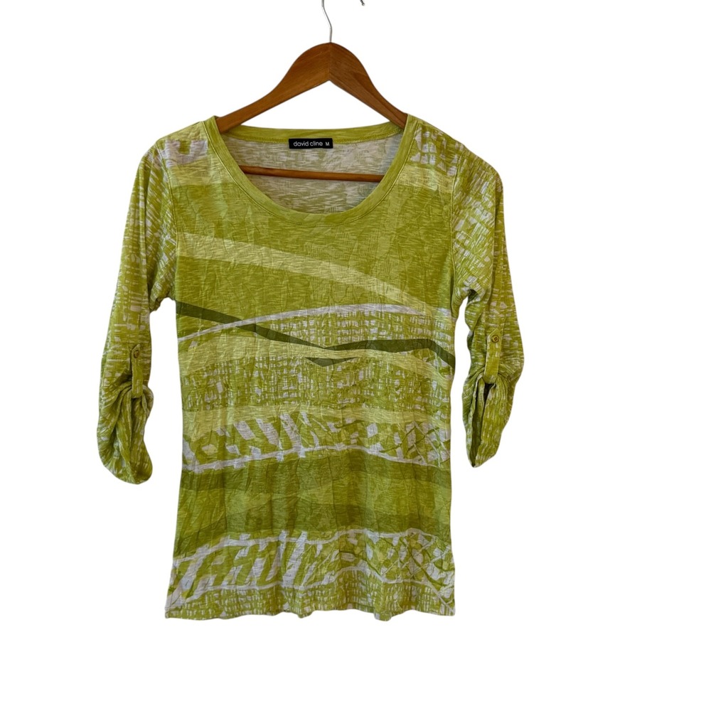 David Cline Crushed Abstract Tunic Top M Citrus Green Art to Wear Roll Tab